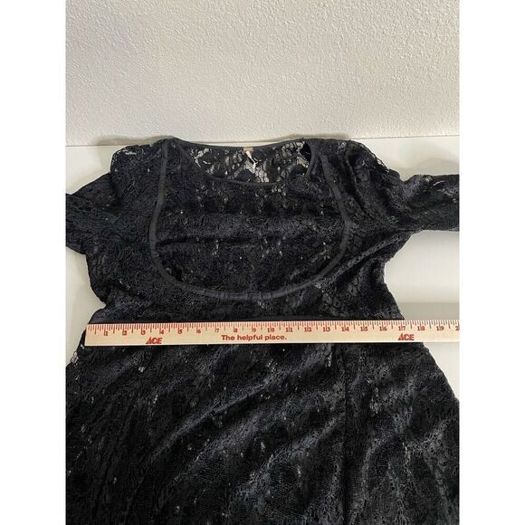 FREE PEOPLE Size M Ruby Black Lace Mini Dress Long Sleeve Sheer Fit Flare - Picture 10 of 12